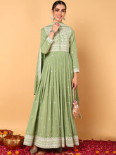 Women Green Georgette Embroidered Thread Work Flared Kurta with Dupatta